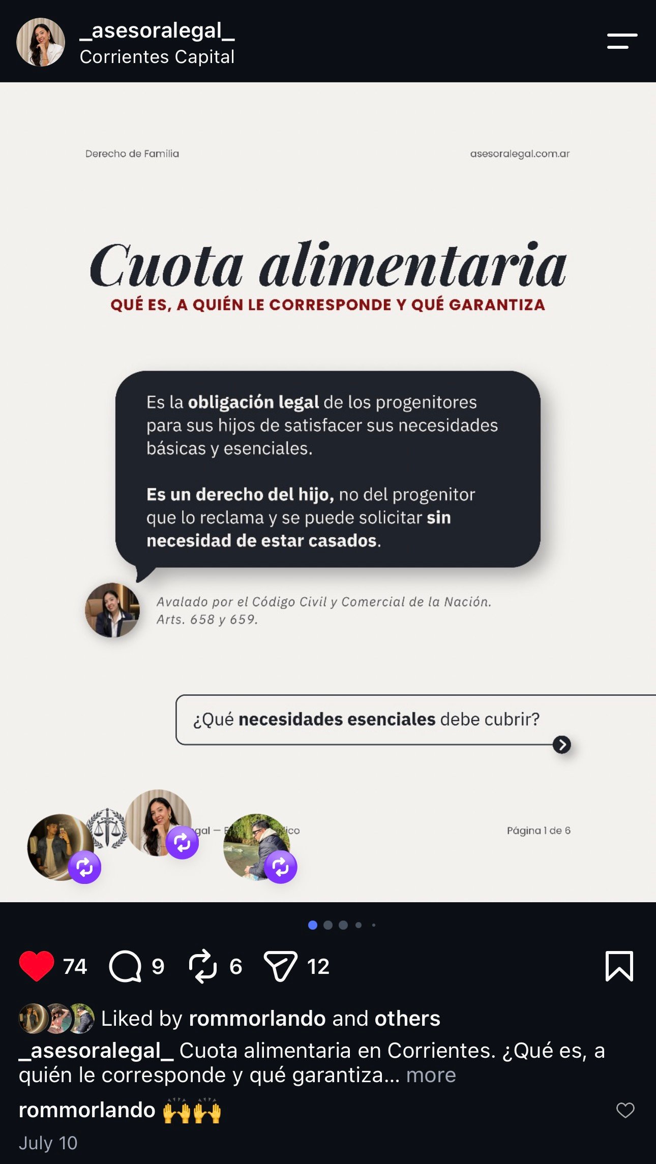 post en instagram sobre cuota alimentaria en corrientes